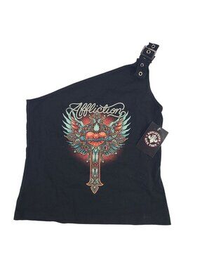 NEW Affliction Rosary One Shoulder Top Black Sz L With Bold Graphic Design